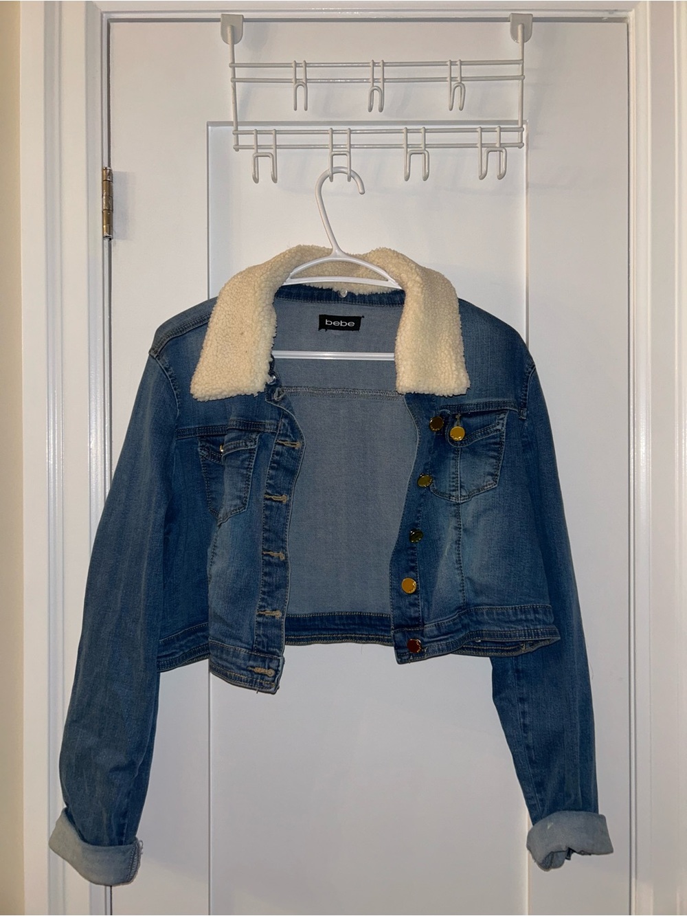 bebe Blue Denim Jacket with Cream Sherpa Collar
